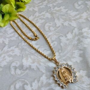 Virgin Mary Guadalupe Pendant Necklace Gold Plated Steel New